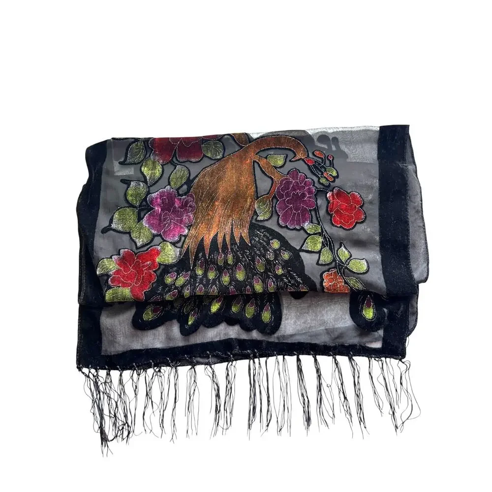 Velvet Burnout Peacock Fringe Scarf Rectangle Long Silk Blend Whimsigoth Artsy